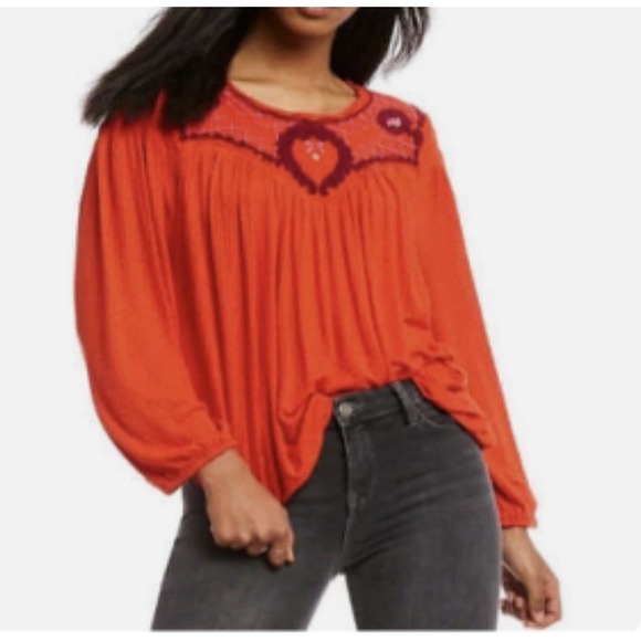 Free People Tops - Free People Women Bohemian Peasant Top M Rust Orange Embroidered Long Sleeve